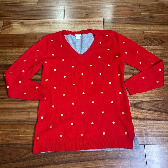 J. Crew V-Neck merino wool blend‎ Sweater Gold Polka Dot Long Sleeve Knit Top - Picture 1 of 6